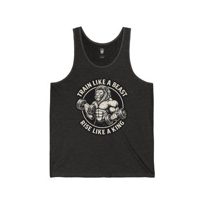 Trainiere wie ein Biest, erhebe dich wie ein König – Unisex Jersey Tank Top