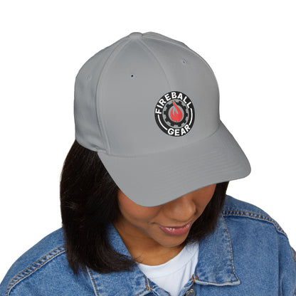Fireball Gear - Brand Logo - Flame, Gear & Circle - Red, White & Black - FlexFit Cap